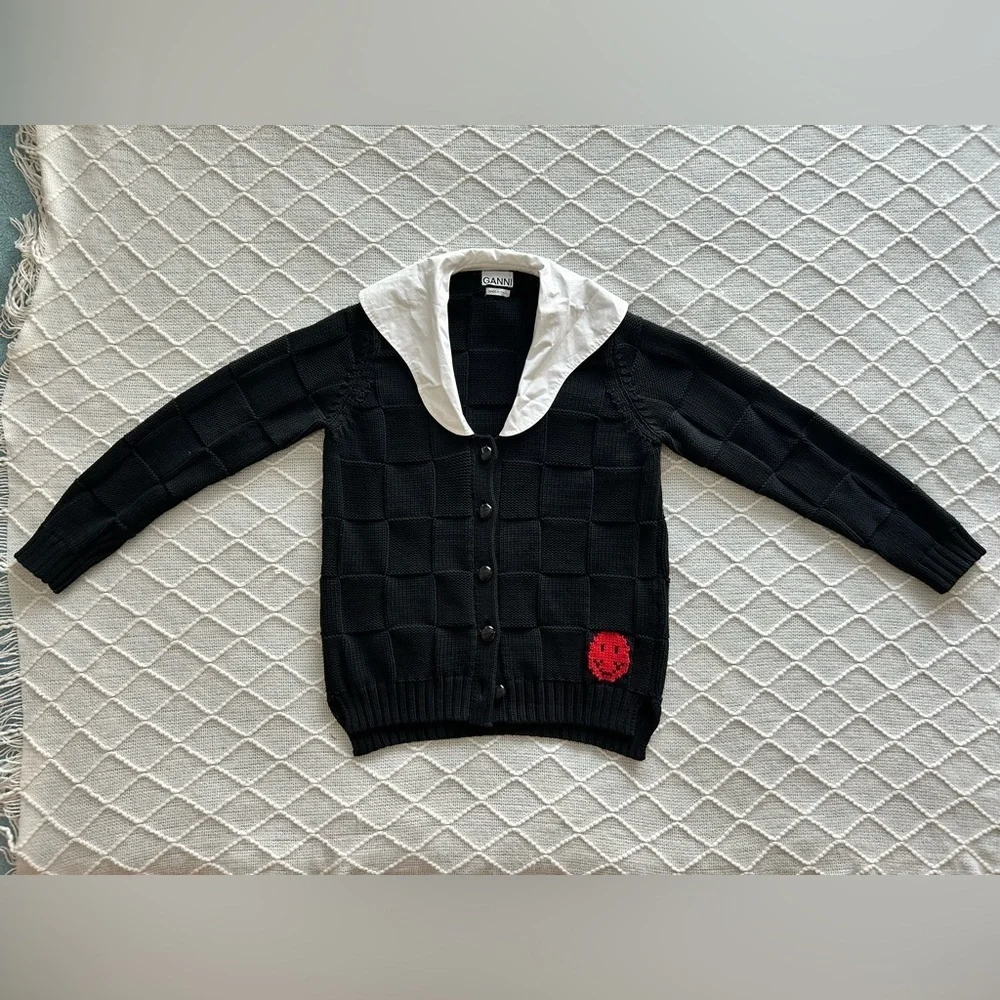 Ganni Women’s Poplin Collar Smiley Cardigan in Black. Size small